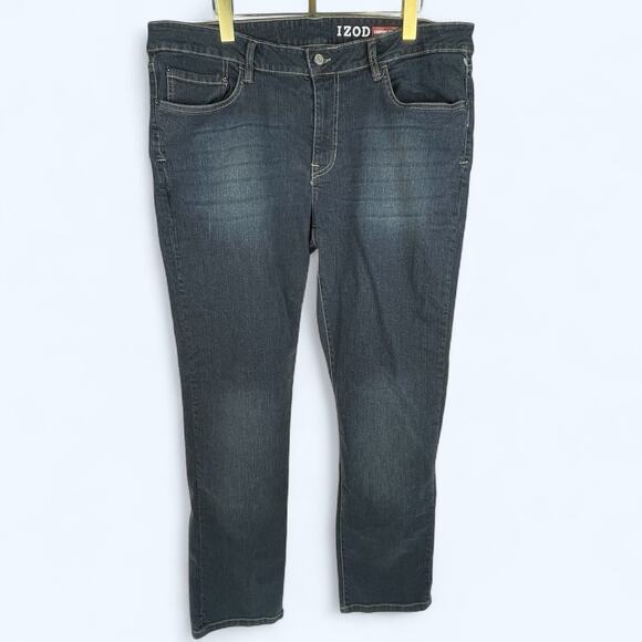IZOD Jeans Men's Comfort Slim Straight Fit Stretch Jeans, Dark Blue, Size 38X32 - Picture 1 of 5